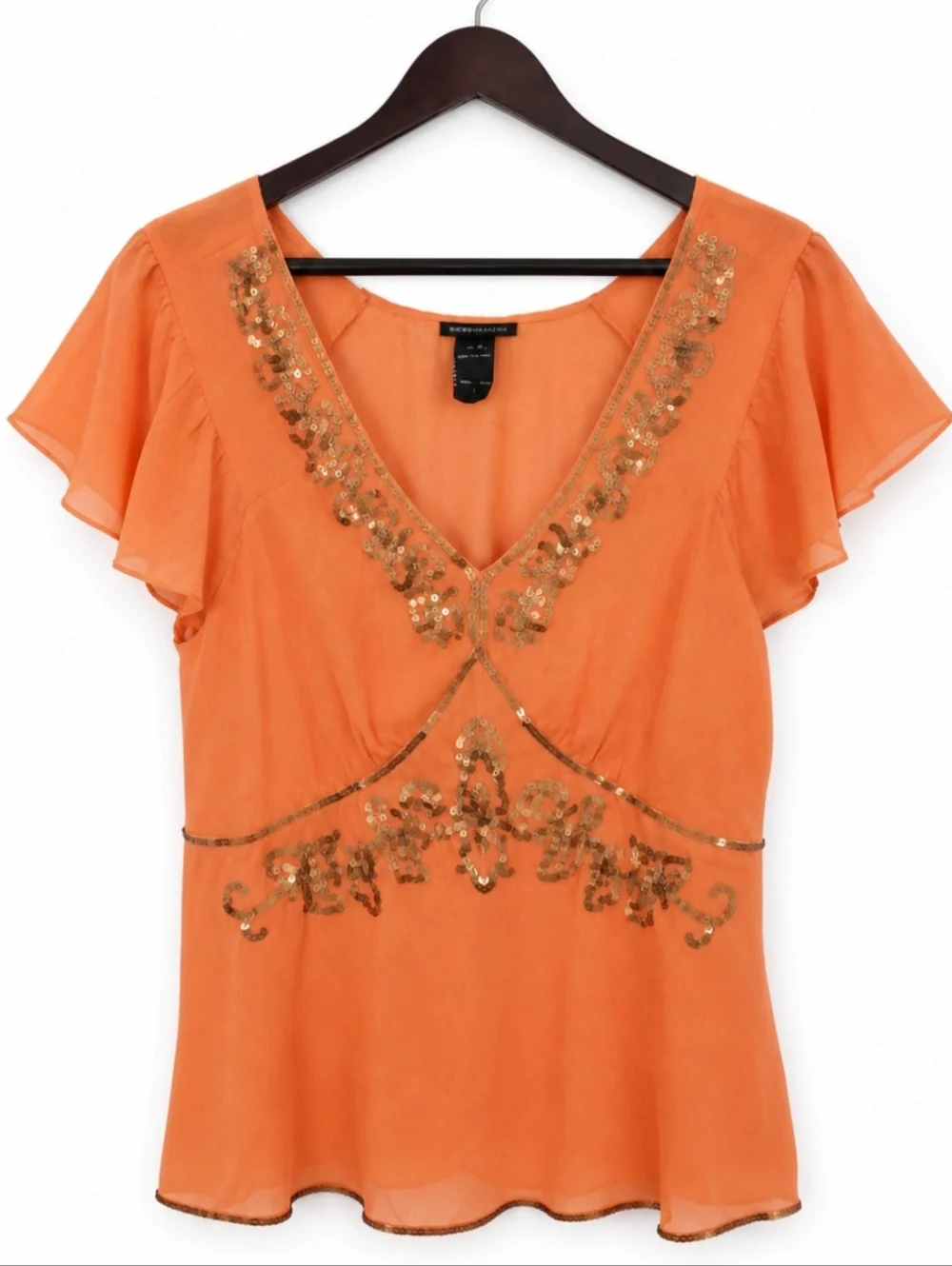 Lane Bryant Orange Sequined Sheer Blouse Flutter Sleeve Boho Top Sz 14/16